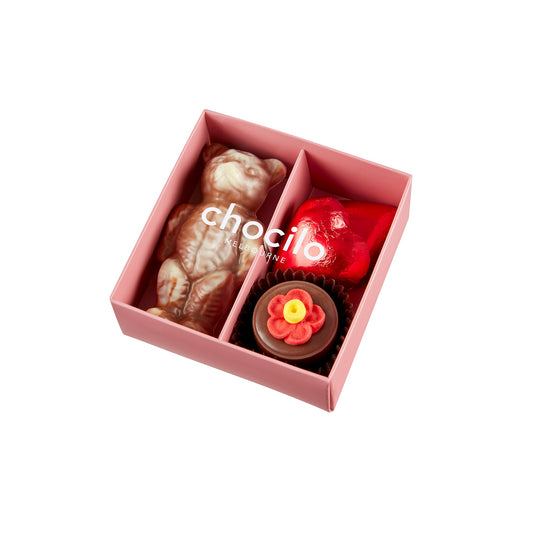 Chocilo Melbourne marbled chocolate bear, red foiled milk chocolate hearts, and chocolate praline flower pot 4 pack gift box