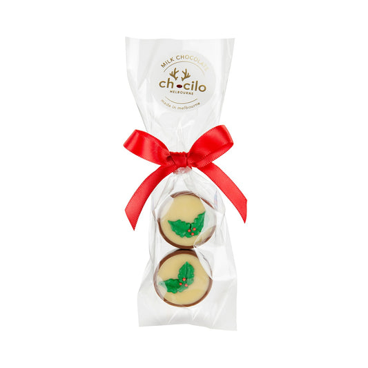 Chocilo Melbourne 2 Pack Christmas Milk Chocolate Plum Puddings in cello gift bag presented with a festive red ribbon.