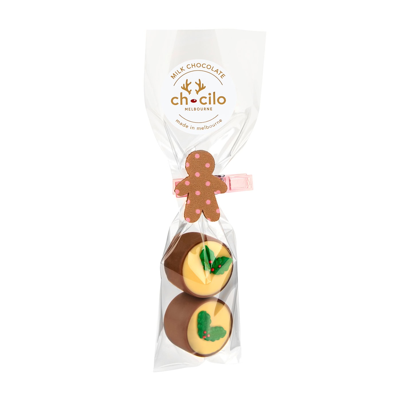 Chocilo Melbourne 2 Pack Christmas Milk Chocolate Plum Puddings in cello gift bag presented with a cute gingerbread clip