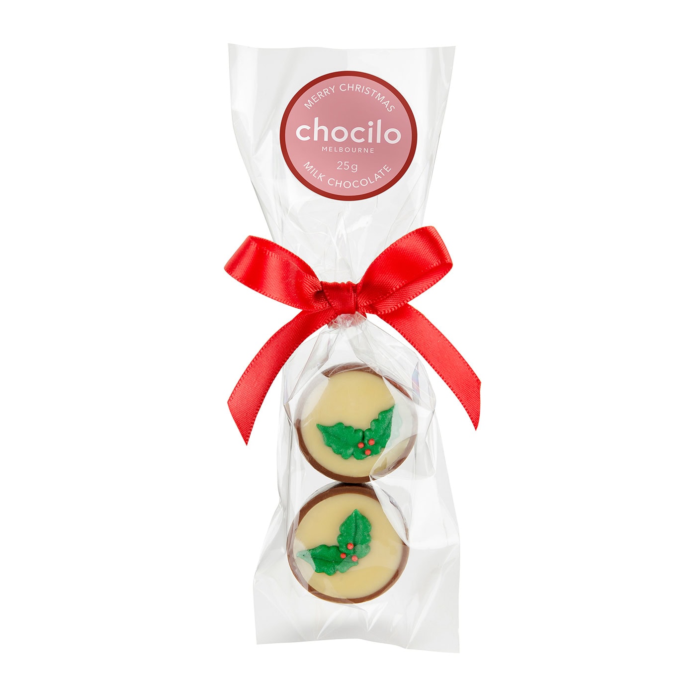 Chocilo Melbourne 2 Pack Christmas Milk Chocolate Plum Puddings in cello gift bag presented with a festive red ribbon.