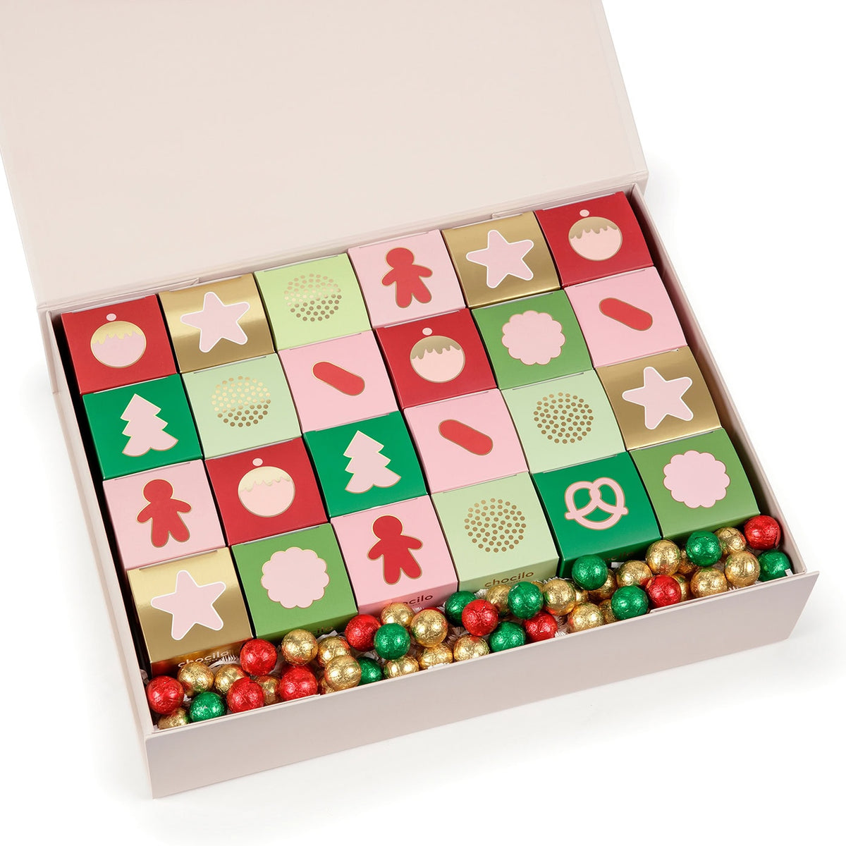 A Chocilo Melbourne Christmas Gift Hamper with 50 premium milk chocolate festive foil wrapped baubles, with 24 Cubes filled with Christmas Chocolate Treats, Chocolate Coated Caramelised Popcorn, Pretzels, Liquorice, and Milk Chocolate Speckles.
