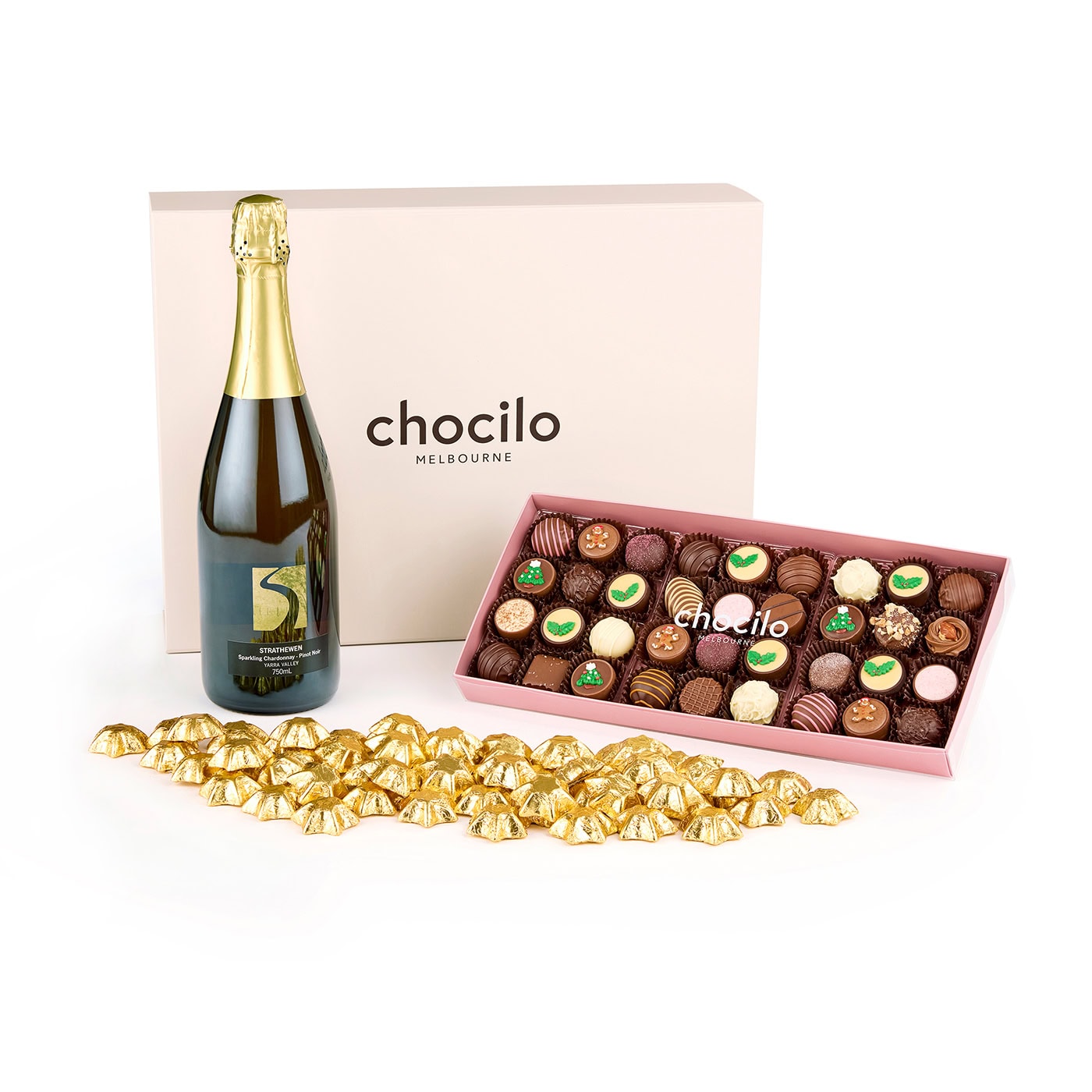 Chocilo Melbourne Starry Night Christmas Luxury Chocolate Hamper with 36 premium chocolates, 100 gold foiled stars, and a bottle of Strathewen Sparkling Chardonnay