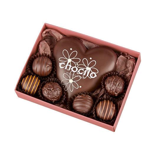 Dark Chocolate heart with 6 gourmet truffles gift box. Made in Melbourne.