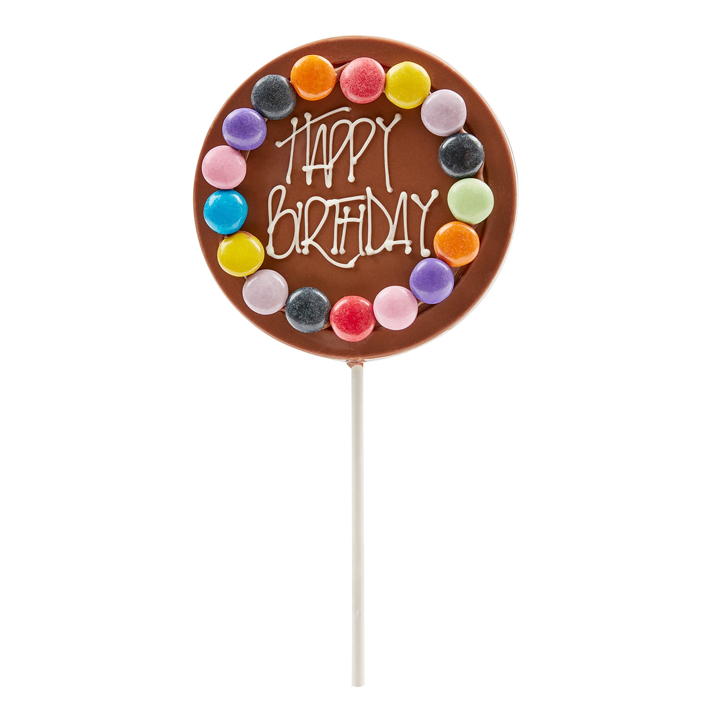 Happy Birthday milk chocolate lollipops with coloured smarties. Handmade in Melbourne.