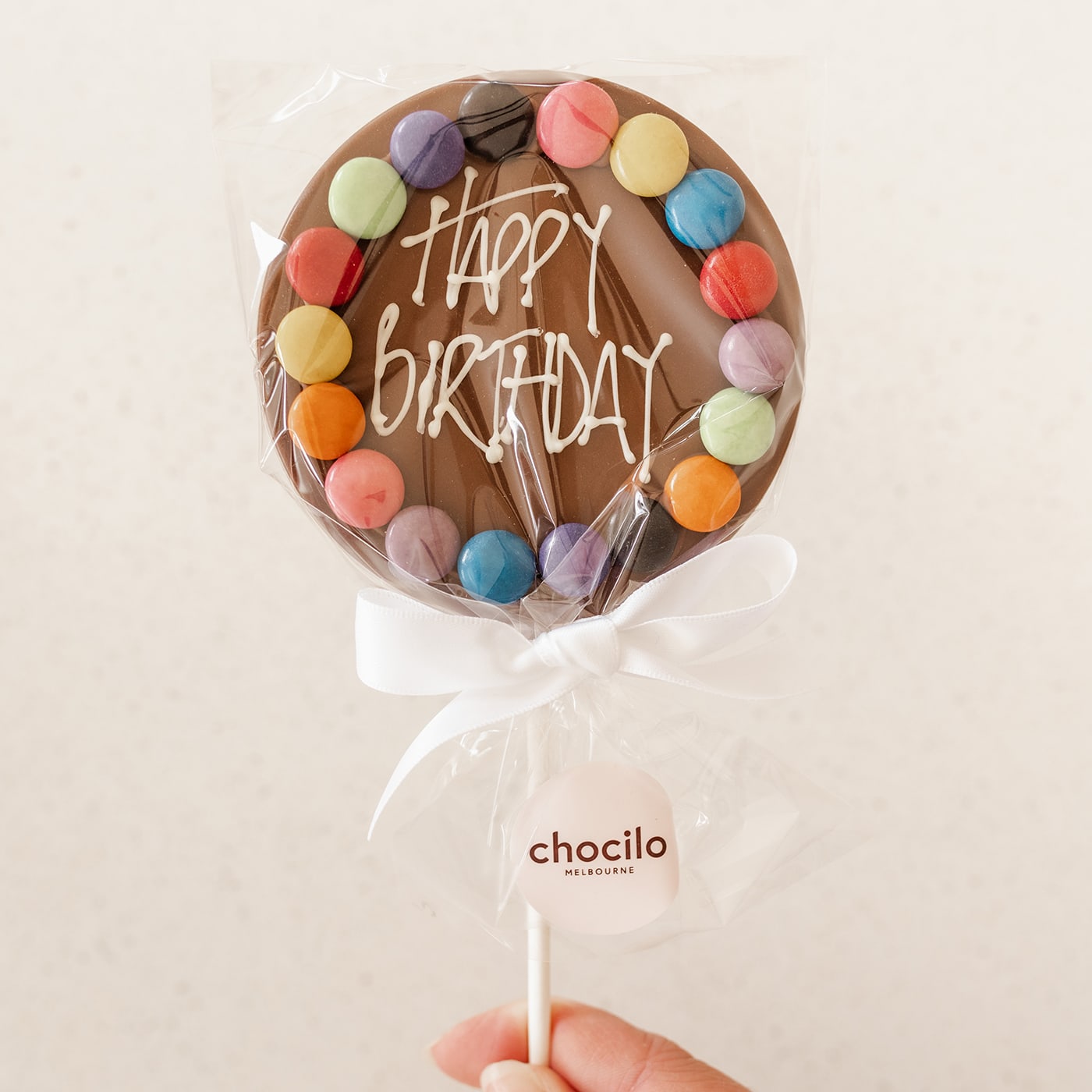 Chocilo Melbourne Personalised Chocolate Happy Birthday Lollipop with Smarties