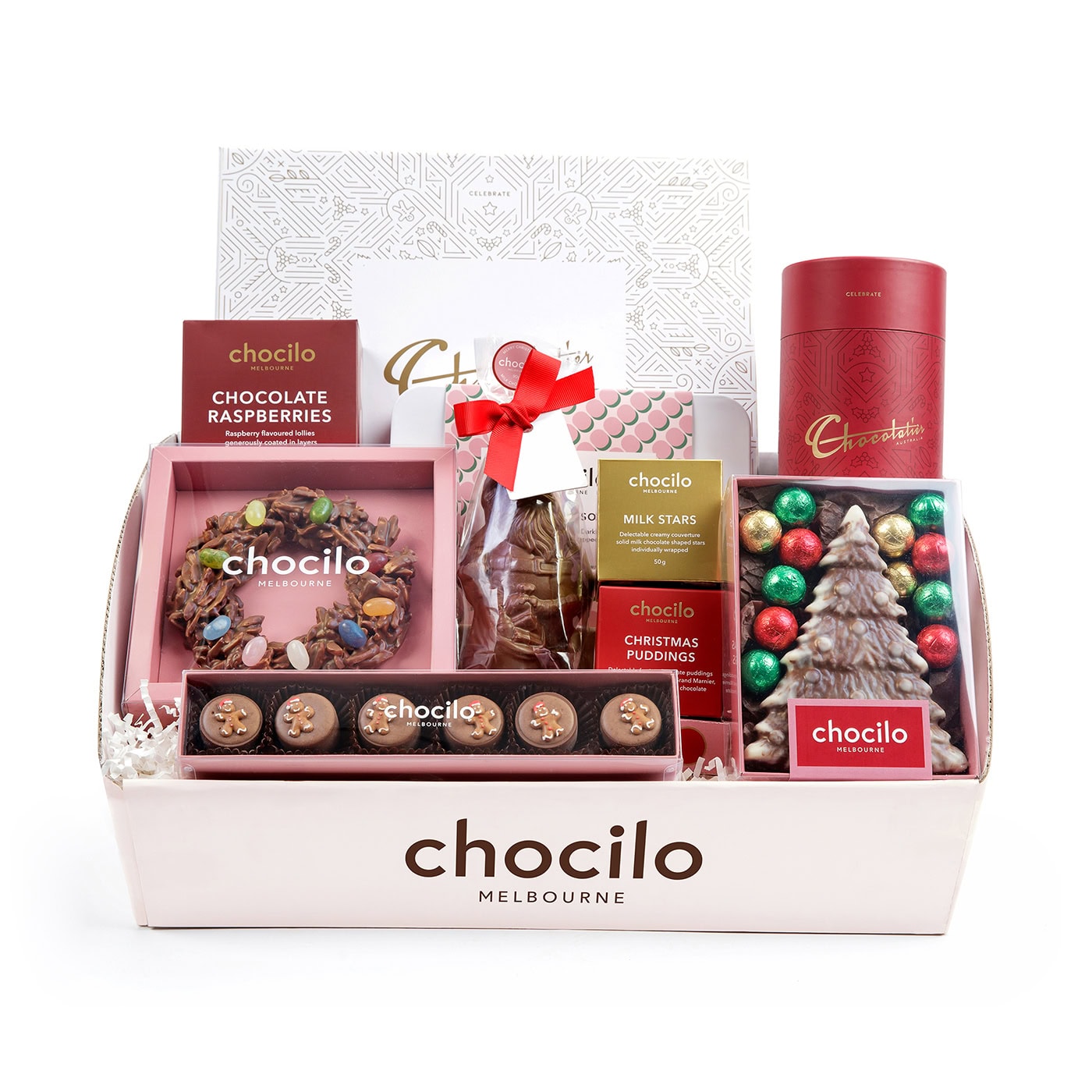 A Chocilo Melbourne Christmas chocolate gift hamper filled with assorted chocolates and festive treats, presented in a light pink box.