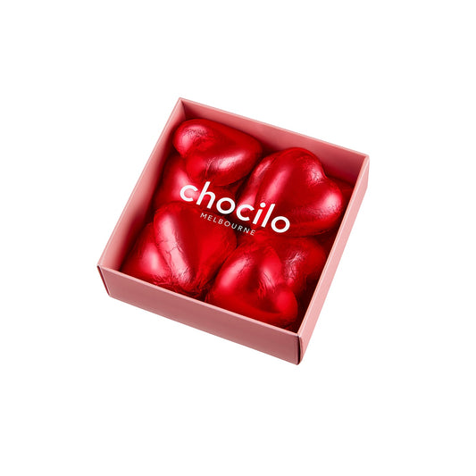 Chocilo Melbourne solid couverture milk chocolate hearts in Red Foil packaged in gift box.