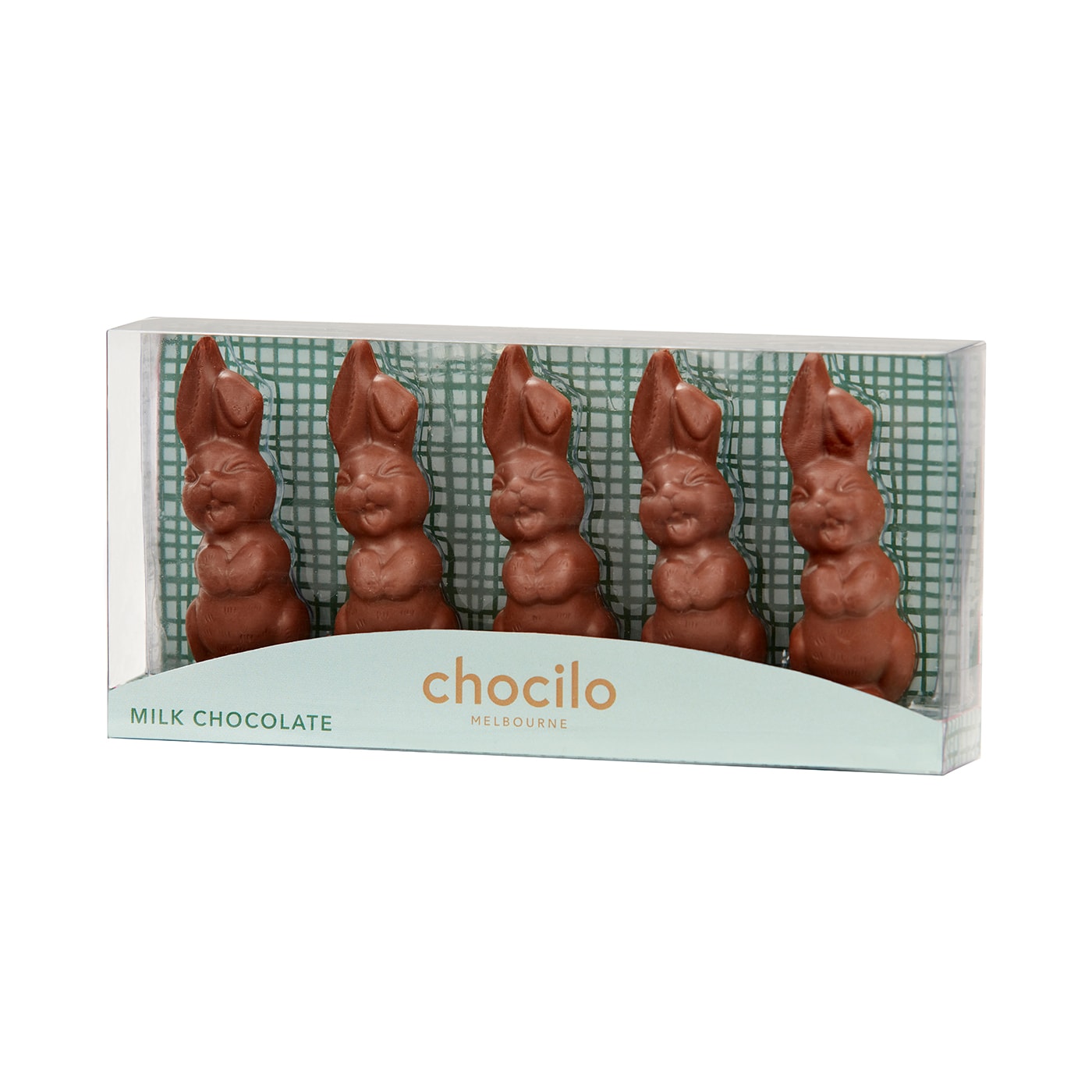 Family of Milk Chocolate Easter Bunnies in clear gift box.