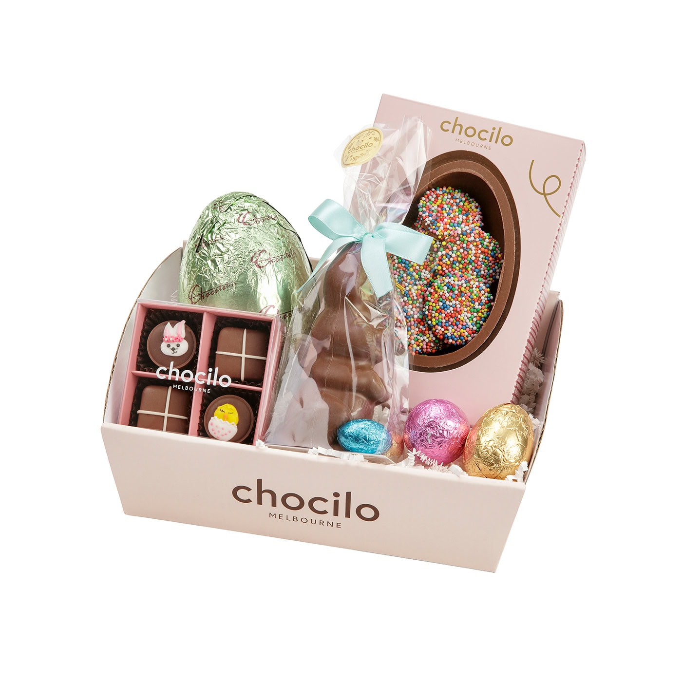Chocilo Melbourne Sweet Little Chocolate Easter Hamper wrapped in cello with chocolate Easter Eggs, Bunnies, and Easter caramel, and hot cross bun chocolates.