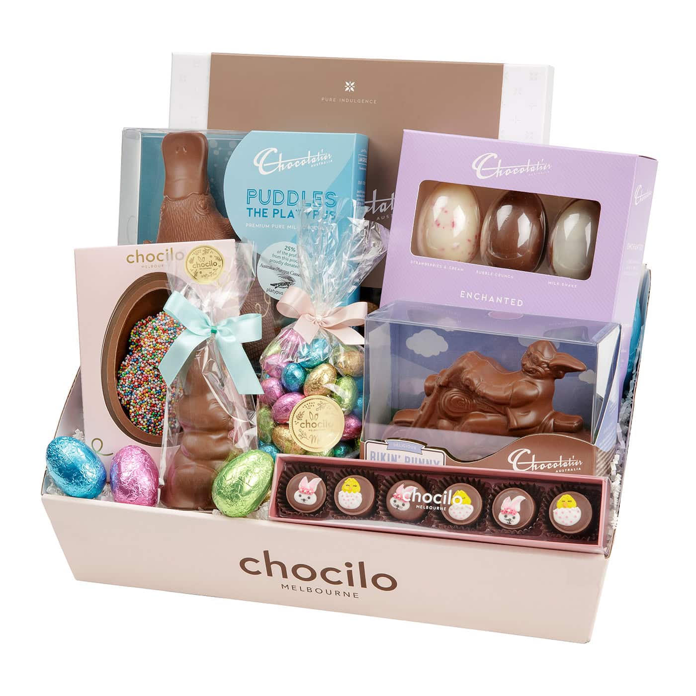 Chocilo Melbourne Chocolatier Australia The Ultimate Easter Chocolate Hamper wrapped in cello. Filled with chocolate assorted gift boxes, Easter Eggs, Chocolates, and Bunnies.