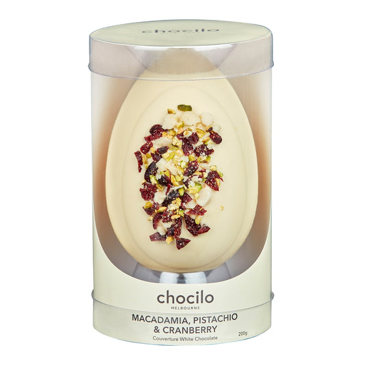 White Chocolate Easter Egg with Macadamia, Pistachio, and Cranberry.