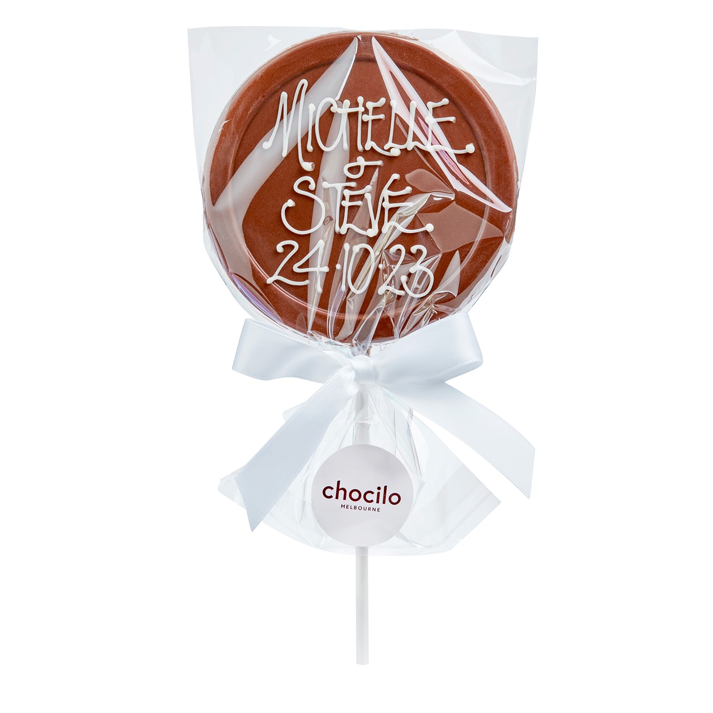 Chocilo Melbourne Personalised Chocolate Lollipop without smarties gift wrapped