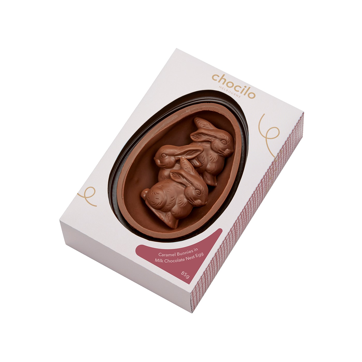 Chocilo Melbourne Milk Chocolate Caramel Bunnies in a Milk Chocolate Nest Egg 85g