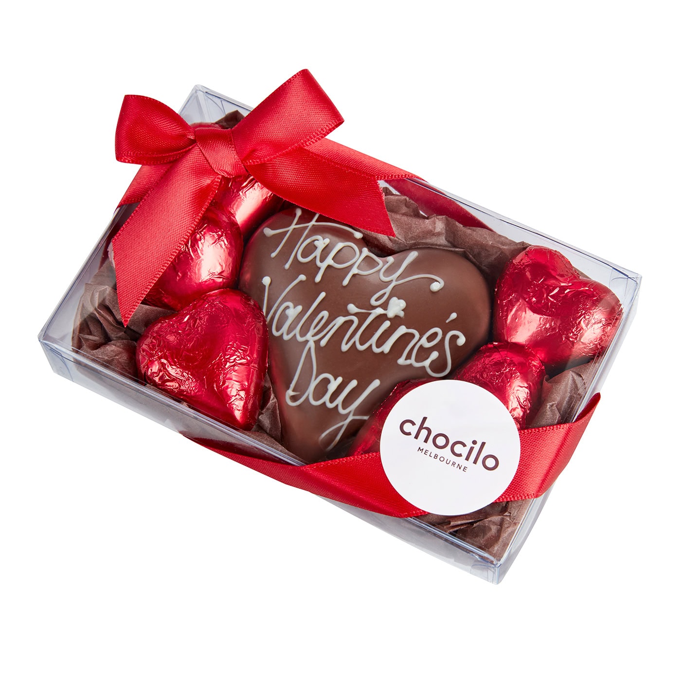 "Happy Valentine's Day" Praline Heart in Milk Chocolate with 6 Solid Milk Chocolate Red Foiled Hearts in a clear Gift Box