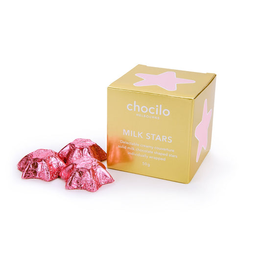 Chocilo Melbourne 8 Pink Foiled Milk Chocolate Christmas Stars in a Gift Cube