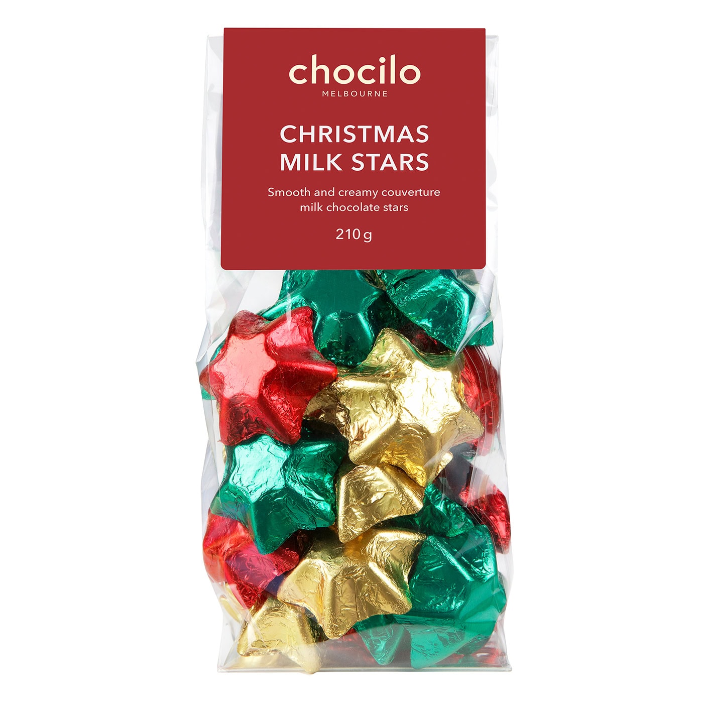Chocilo Melbourne Festive Assorted Foiled Solid Milk Chocolate Stars in clear cello gift bag