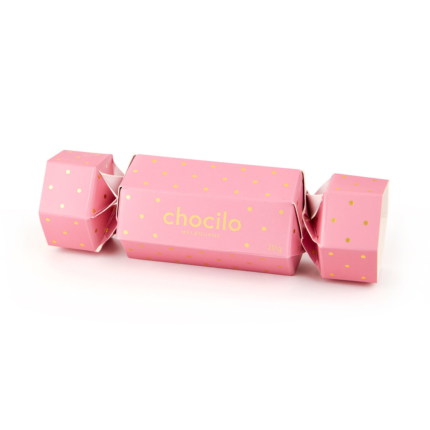 Chocilo Melbourne Pink and Gold Bon Bon Christmas Cracker with 4 wrapped solid milk chocolates.