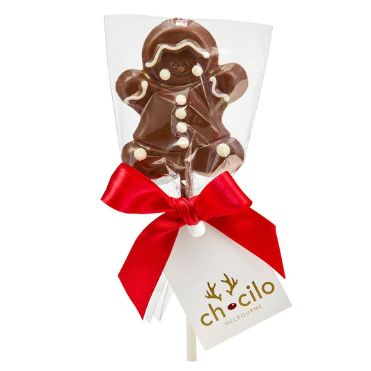 Chocilo Melbourne Christmas Milk Chocolate Gingerbread Man Lollipop in clear gift bag with red satin ribbon.