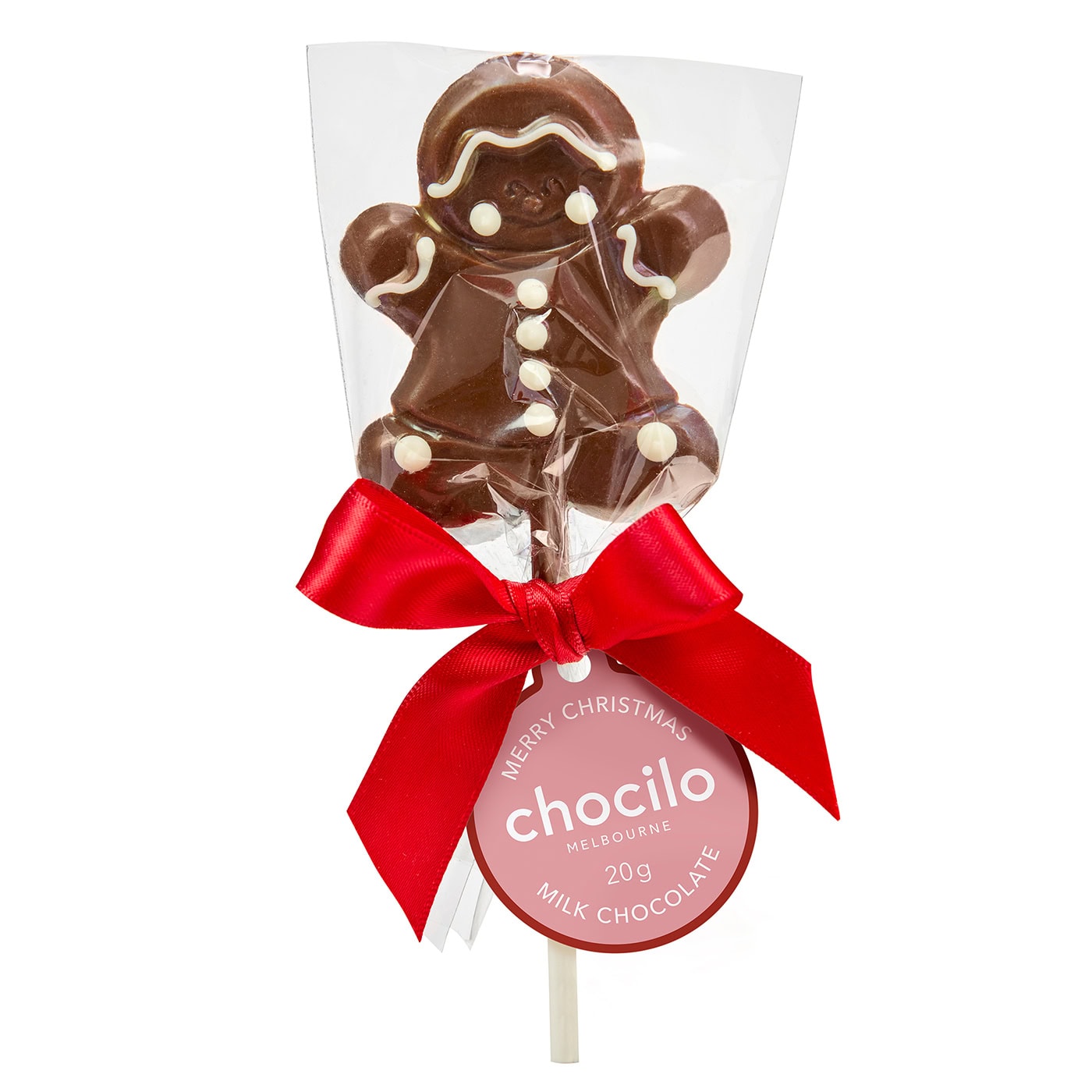 A milk chocolate gingerbread man lollipop with white chocolate hand-piped details, packed in a clear wrapper with a red ribbon and a swing tag.