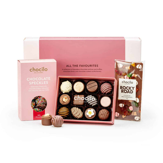 Chocilo Melbourne Chocolate Gift Hamper 'All the Favourites'. Premium chocolates made in Melbourne in a blush pink gift box.