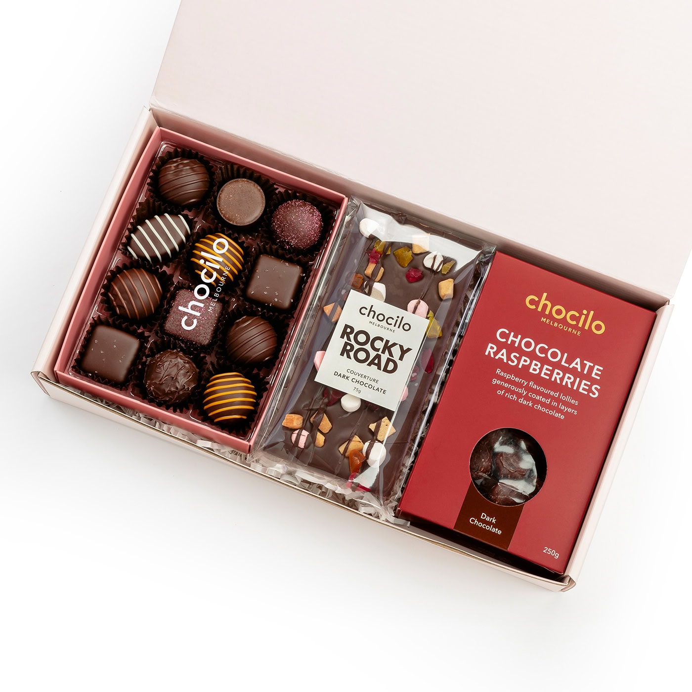 Chocilo Melbourne Dark Chocolate Gift Hamper 'All the Favourites'. Premium dark chocolates made in Melbourne in a blush pink gift box.