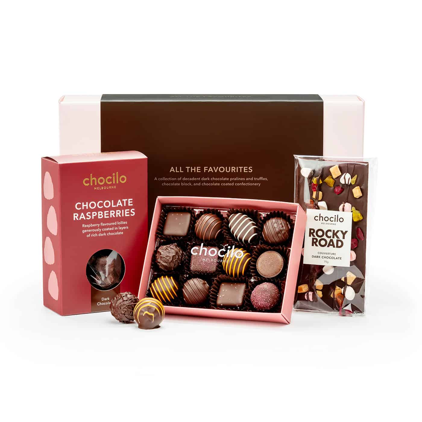 Chocilo Melbourne Dark Chocolate Gift Hamper 'All the Favourites'. Premium dark chocolates made in Melbourne in a blush pink gift box.