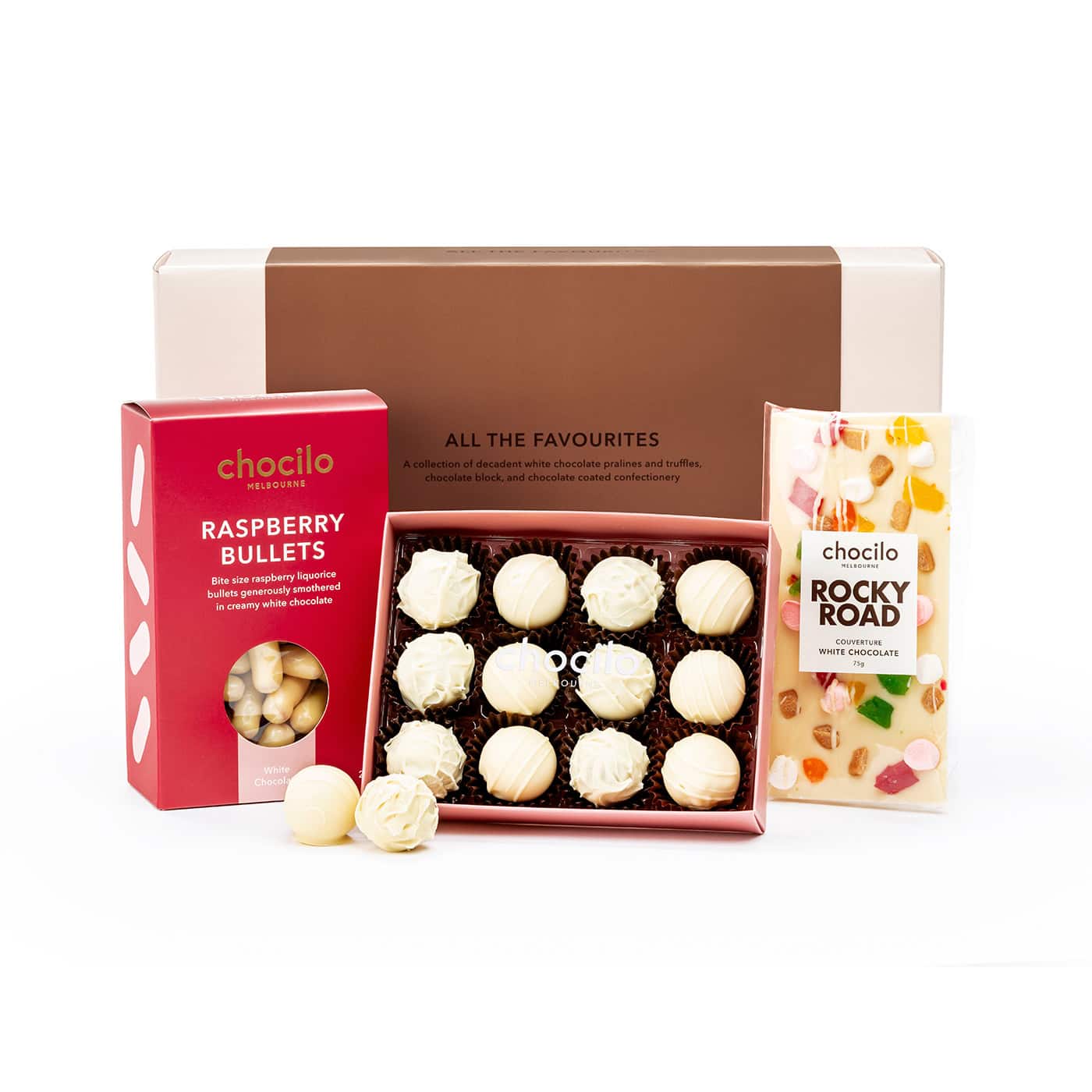 Chocilo Melbourne White Chocolate Gift Hamper 'All the Favourites'. Premium white chocolates made in Melbourne in a blush pink gift box.