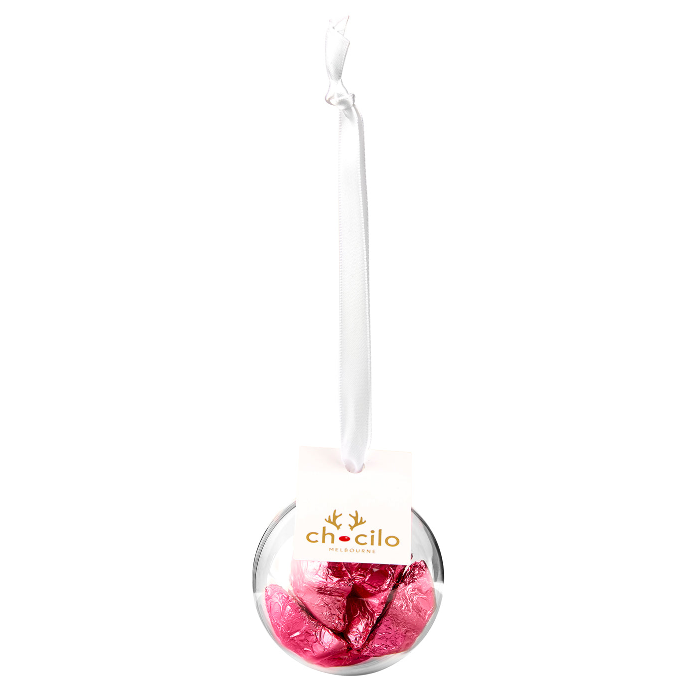 Chocilo Melbourne Christmas Bauble with Milk Chocolate Pink Foiled Stars