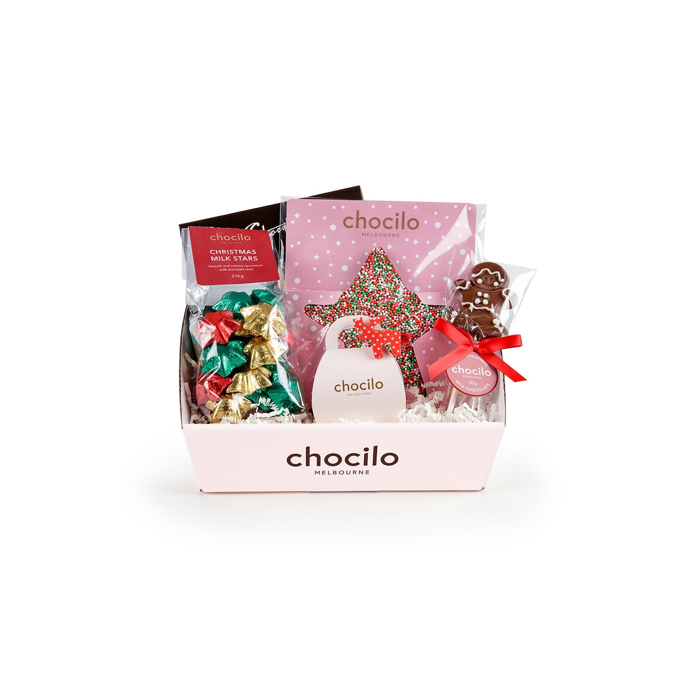 A Chocilo Melbourne Christmas chocolate gift hamper containing assorted festive chocolates, presented in a light pink box.