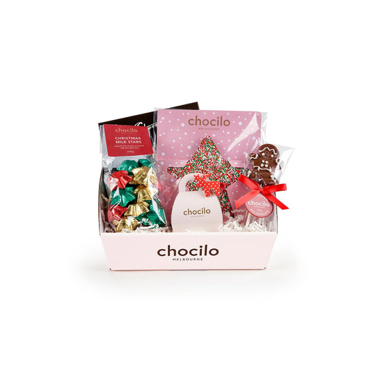 A Chocilo Melbourne Christmas chocolate gift hamper containing assorted festive chocolates, presented in a light pink box.
