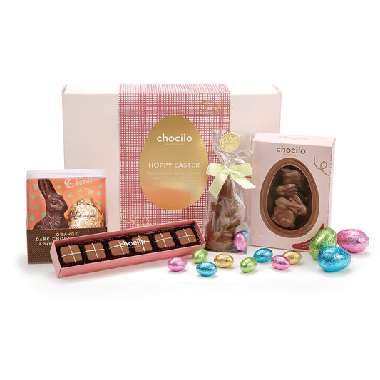 Chocilo Melbourne Hoppy Easter Milk Chocolate Hamper brimming with Easter chocolate bunnies, eggs, and chocolates.