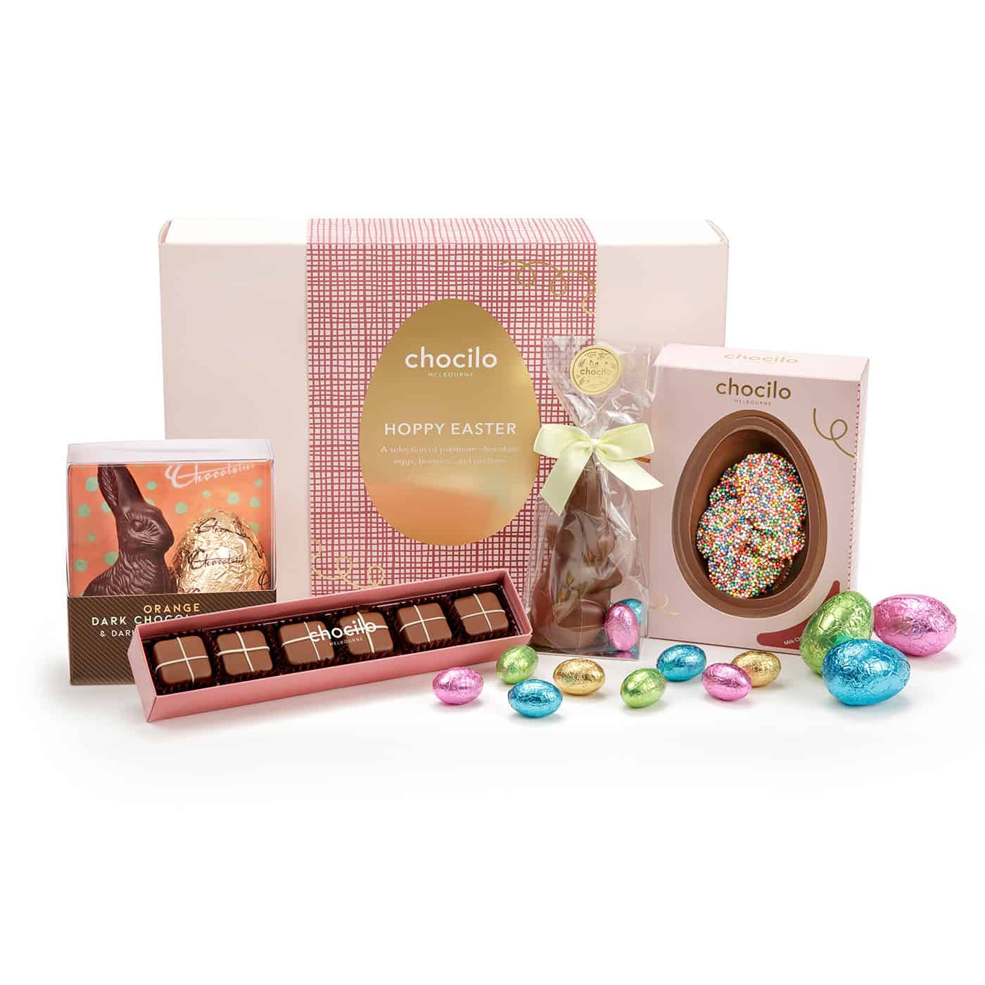Chocilo Melbourne Hoppy Easter Chocolate Hamper brimming with Easter chocolate bunnies, eggs, and chocolates.
