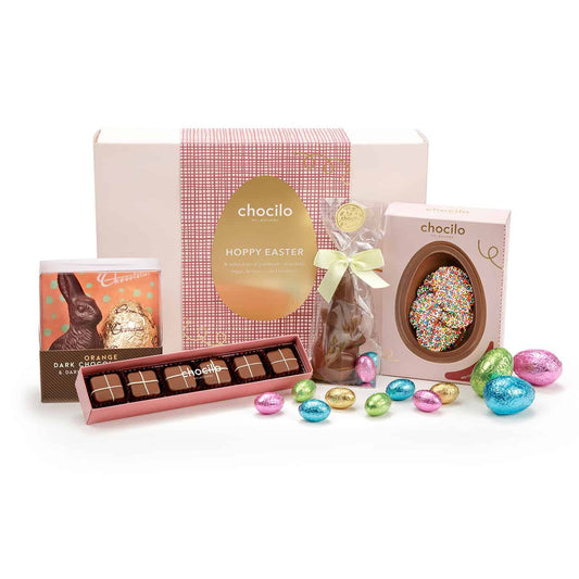 Chocilo Melbourne Hoppy Easter Chocolate Hamper brimming with Easter chocolate bunnies, eggs, and chocolates.