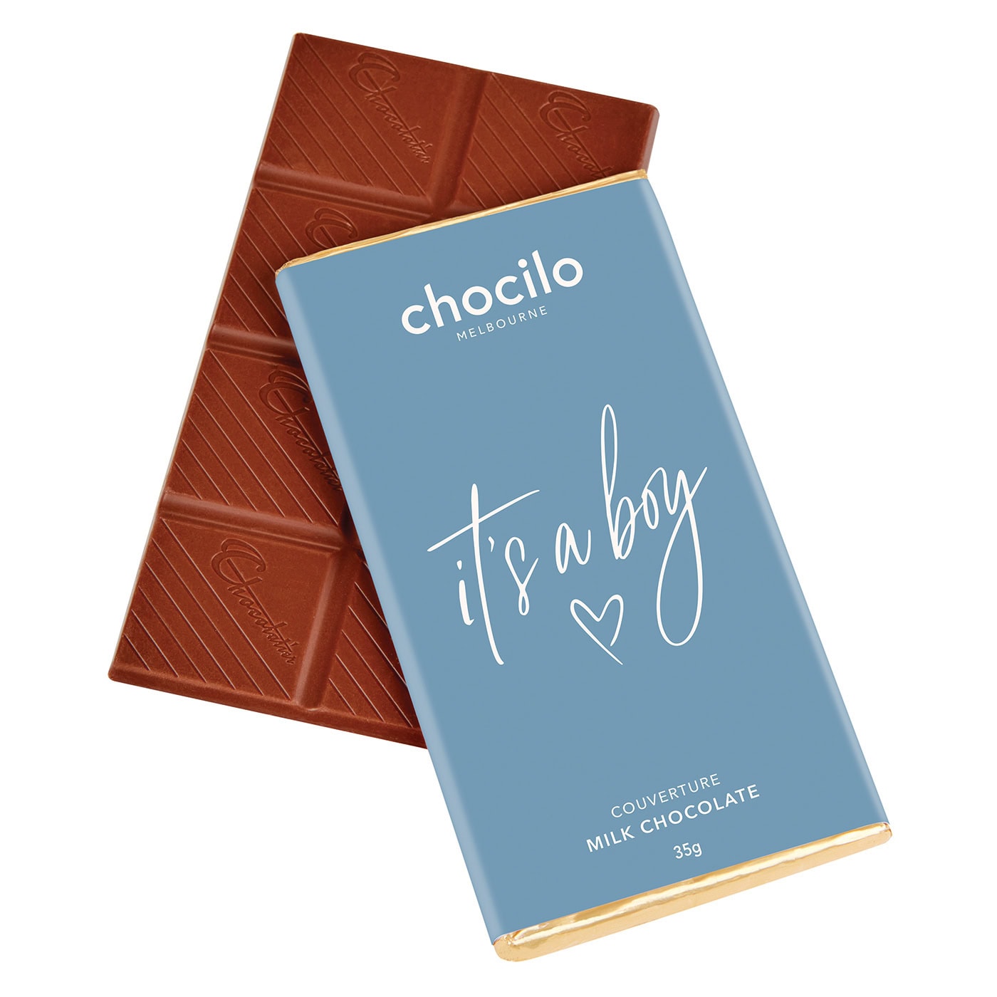 Chocilo Melbourne premium milk chocolate block with 'it's a boy' message on blue packaging.