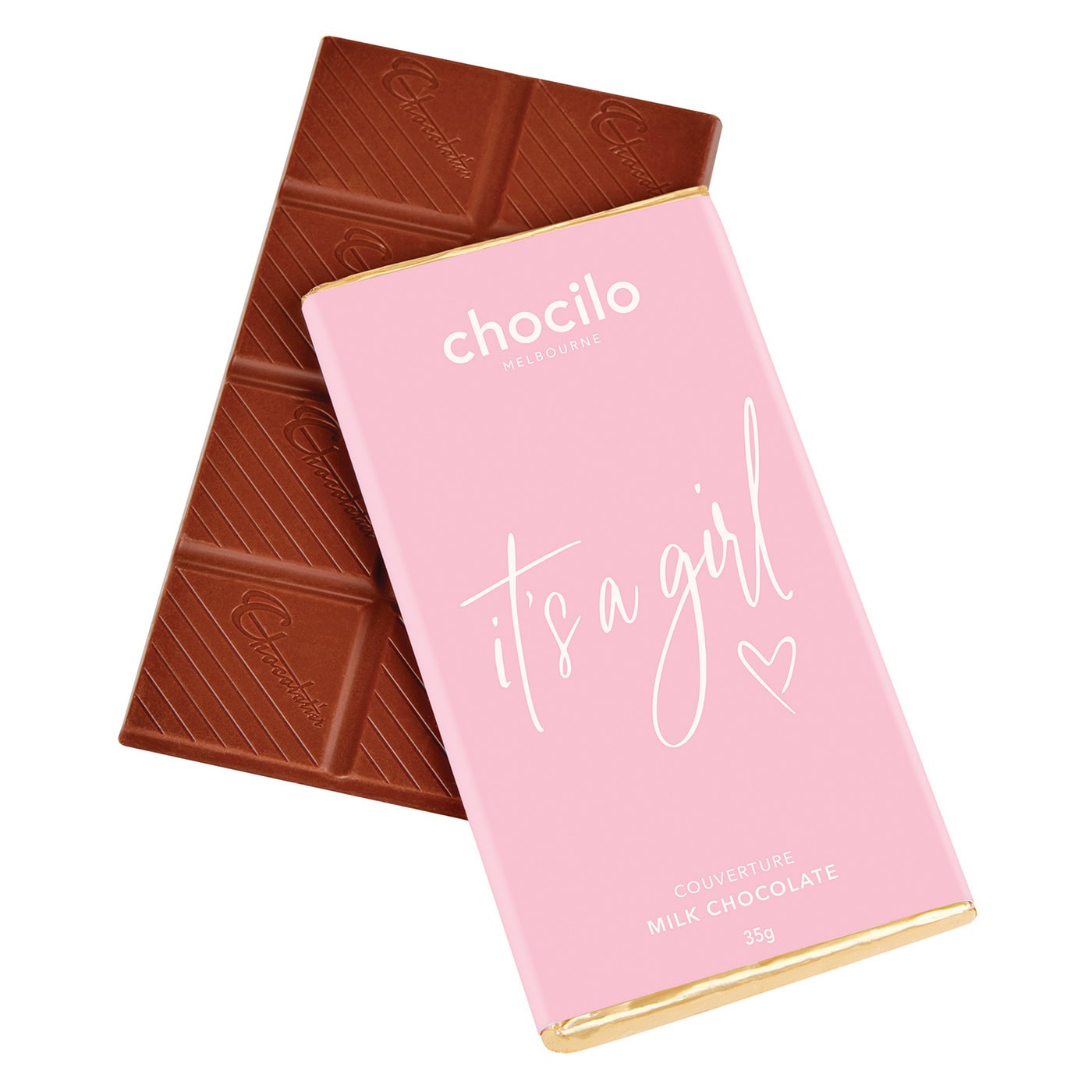 Chocilo Melbourne premium milk chocolate block with 'it's a girl' message on pink packaging.