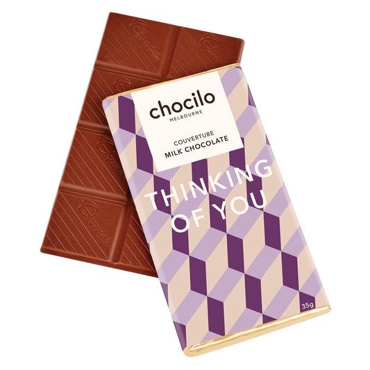 Chocilo Melbourne premium milk chocolate block with a 'Thinking of You' message on a purple and cream pattern wrapper.
