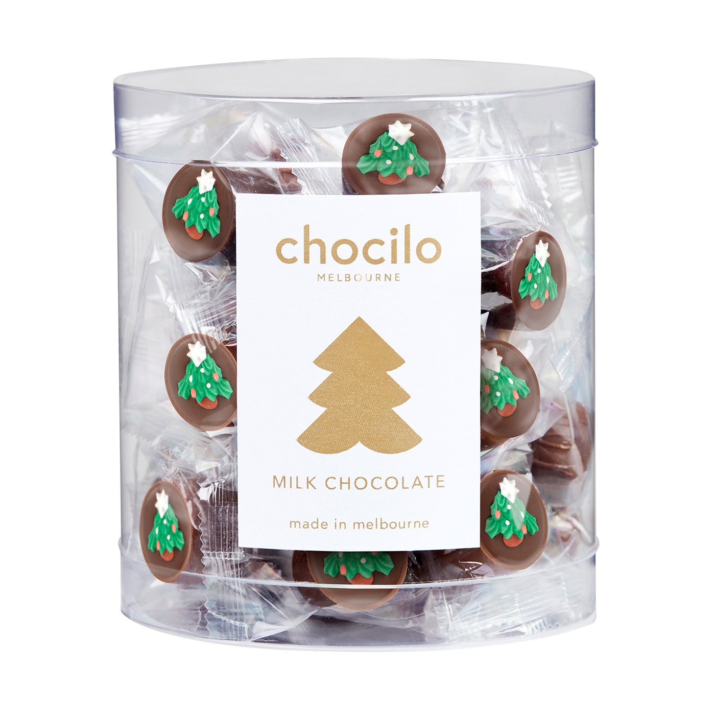 Chocilo Melbourne Premium Milk Chocolate Christmas Caramels in a Clear Counter Unit Tub.