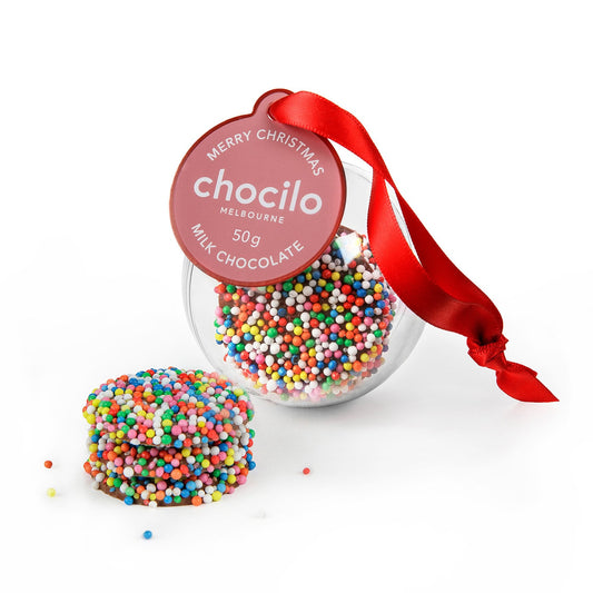 Chocilo Melbourne Premium Milk Chocolate Speckles in a Clear Plastic Bauble with Red Ribbon and Swing Tag.