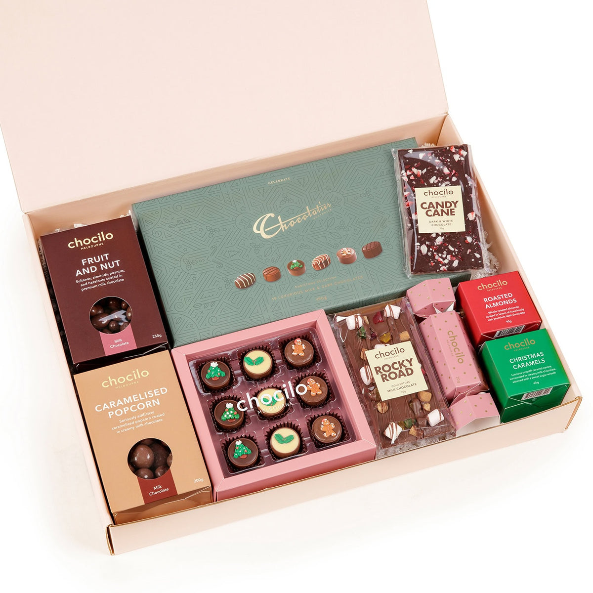 Chocilo Melbourne Christmas Gift Hamper brimming with premium chocolate gift boxes, festive chocolate blocks, and chocolate coated fruit and nuts.