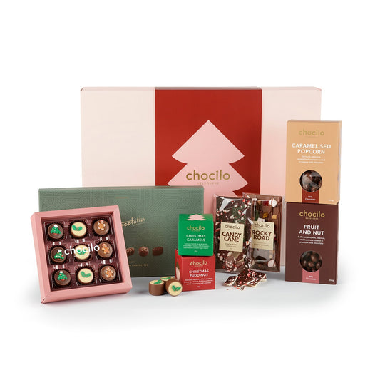 Chocilo Melbourne Christmas Gift Hamper brimming with premium chocolate gift boxes, festive chocolate blocks, and chocolate coated fruit and nuts.