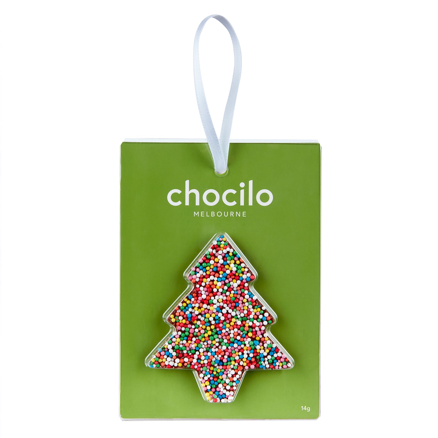 Chocilo Melbourne Milk Chocolate Christmas Tree packaged in a clear plastic case with a green backing card, hanging with a white satin ribbon.