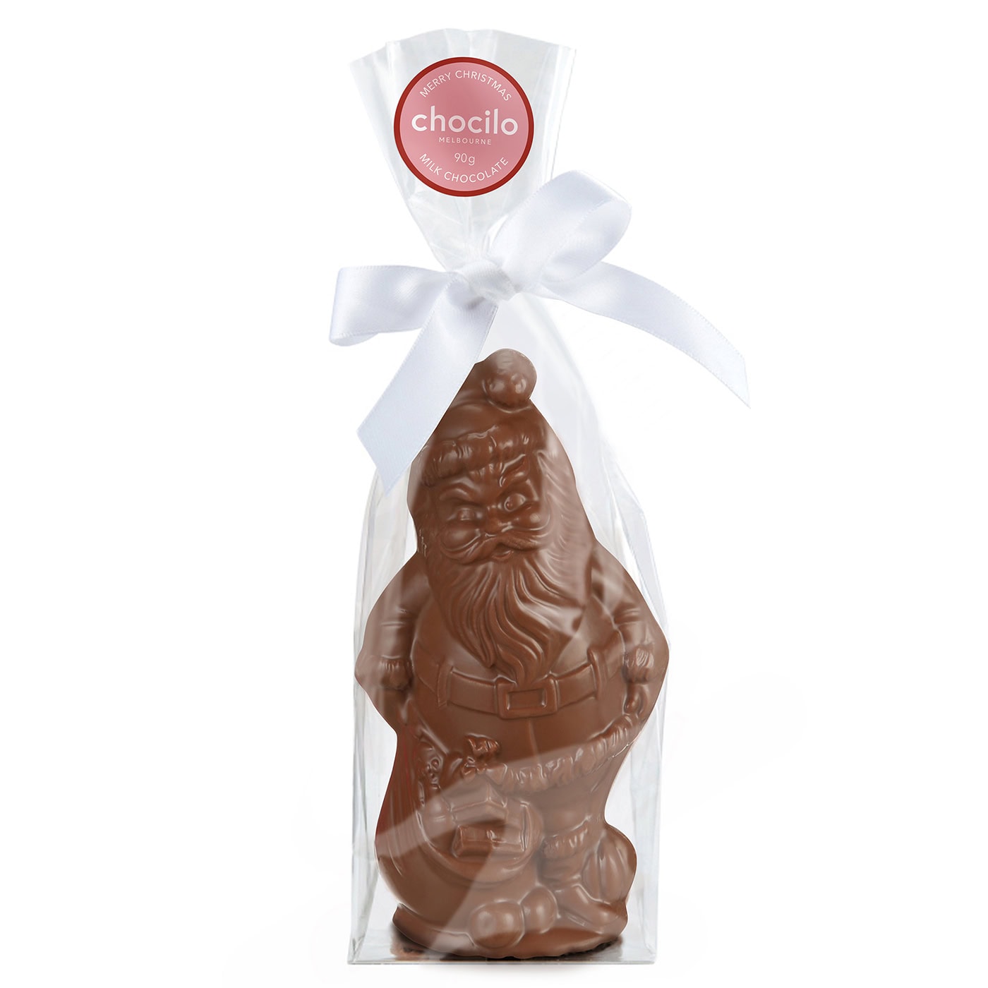 Chocilo Melbourne Hollow Milk Chocolate Father Christmas / Santa, gift wrapped in cellophane, finished with a white ribbon. Hand made in Melbourne.