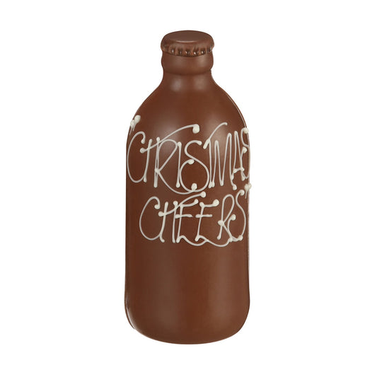 Chocilo Melbourne Milk Chocolate Stubby with "Christmas Cheers" Handpiped in White Chocolate. Wrapped in a cello bag with red ribbon.