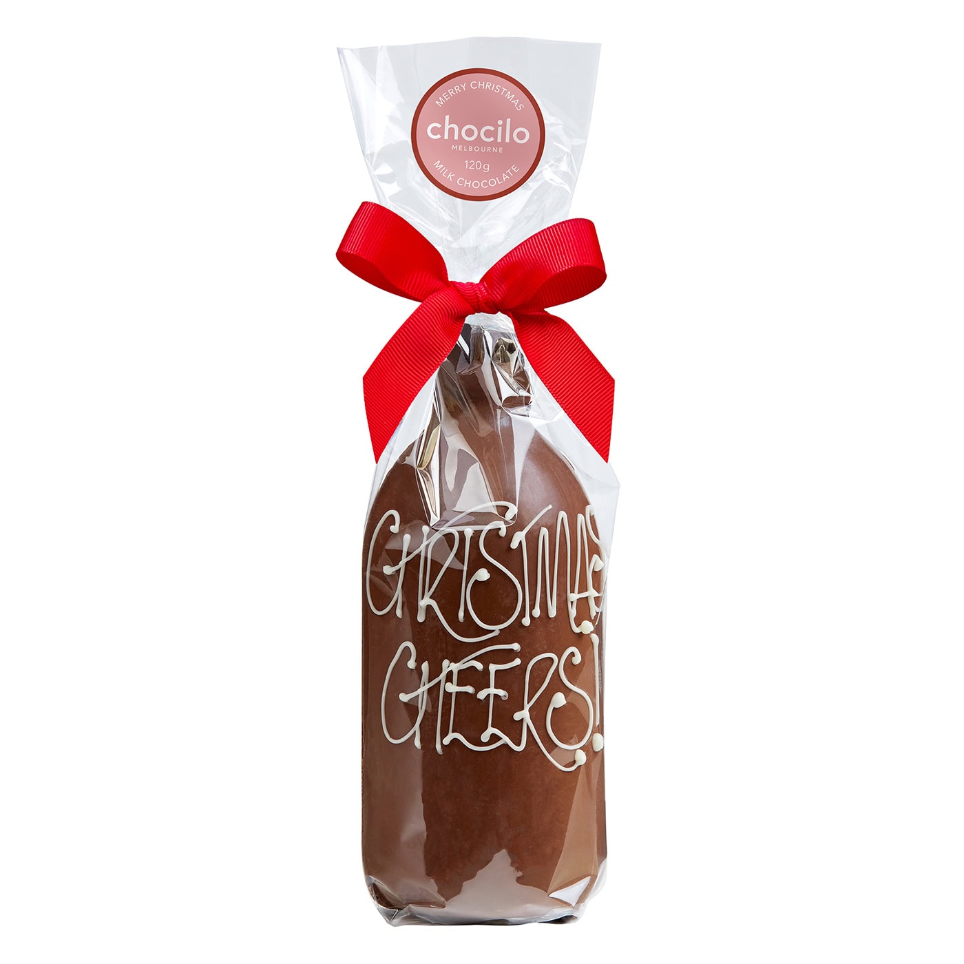 Chocilo Melbourne Premium Milk Chocolate Hollow Stubby Bottle with "Christmas Cheers" hand piped in white chocolate. Packaged in a clear cello bag and finished with a red ribbon.
