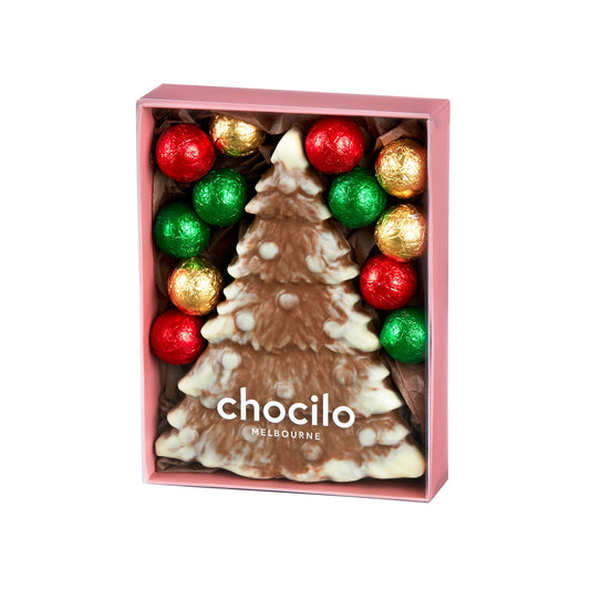 Chocilo Melbourne Marbled Christmas Tree with 12 Milk Chocolate Baubles Gift Box.