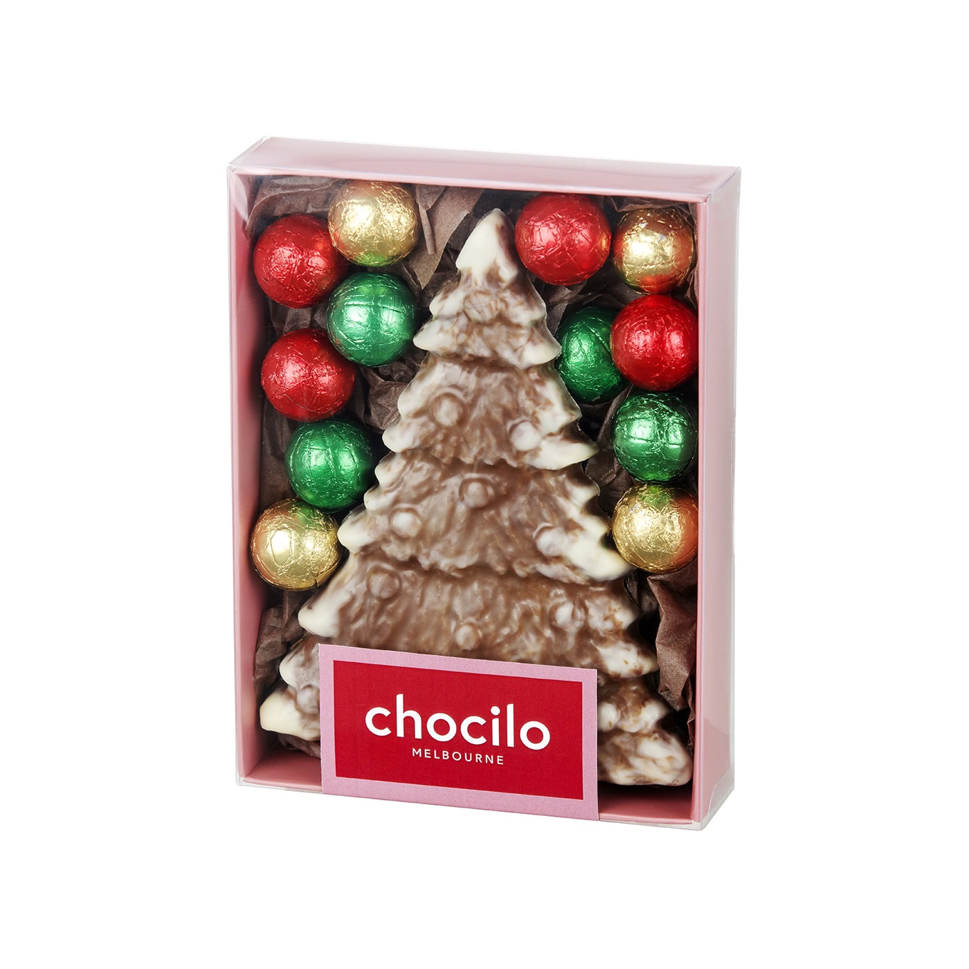 Chocilo Melbourne Marbled Christmas Tree with 12 Milk Chocolate Baubles Gift Box.