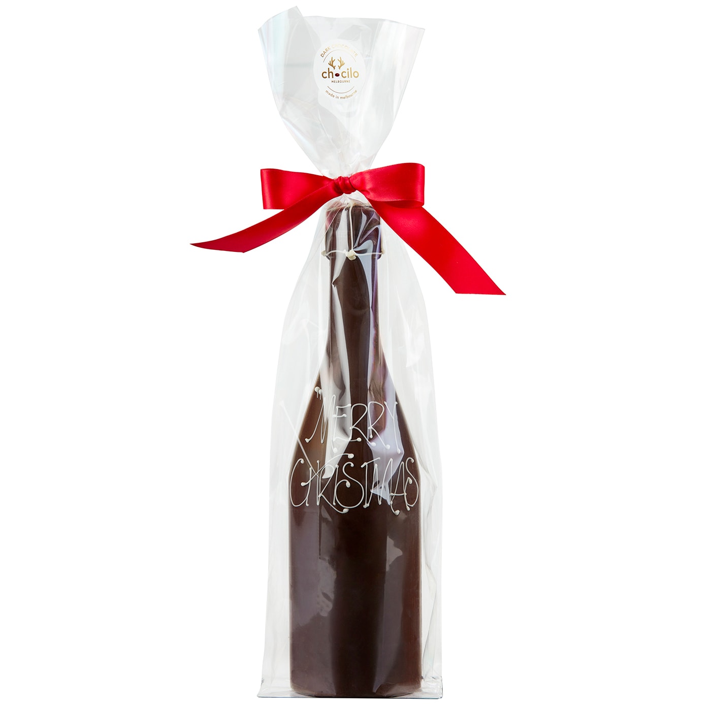 Chocilo Melbourne Large Christmas Dark Chocolate Champagne Bottle Gift. Hand made in Melbourne.
