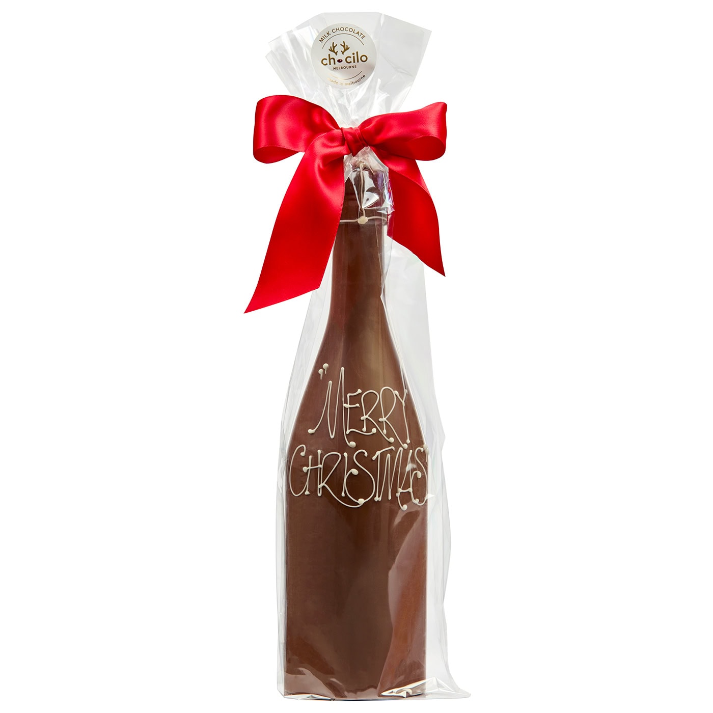 Chocilo Melbourne Large Christmas Milk Chocolate Champagne Bottle Gift. Hand made in Melbourne.