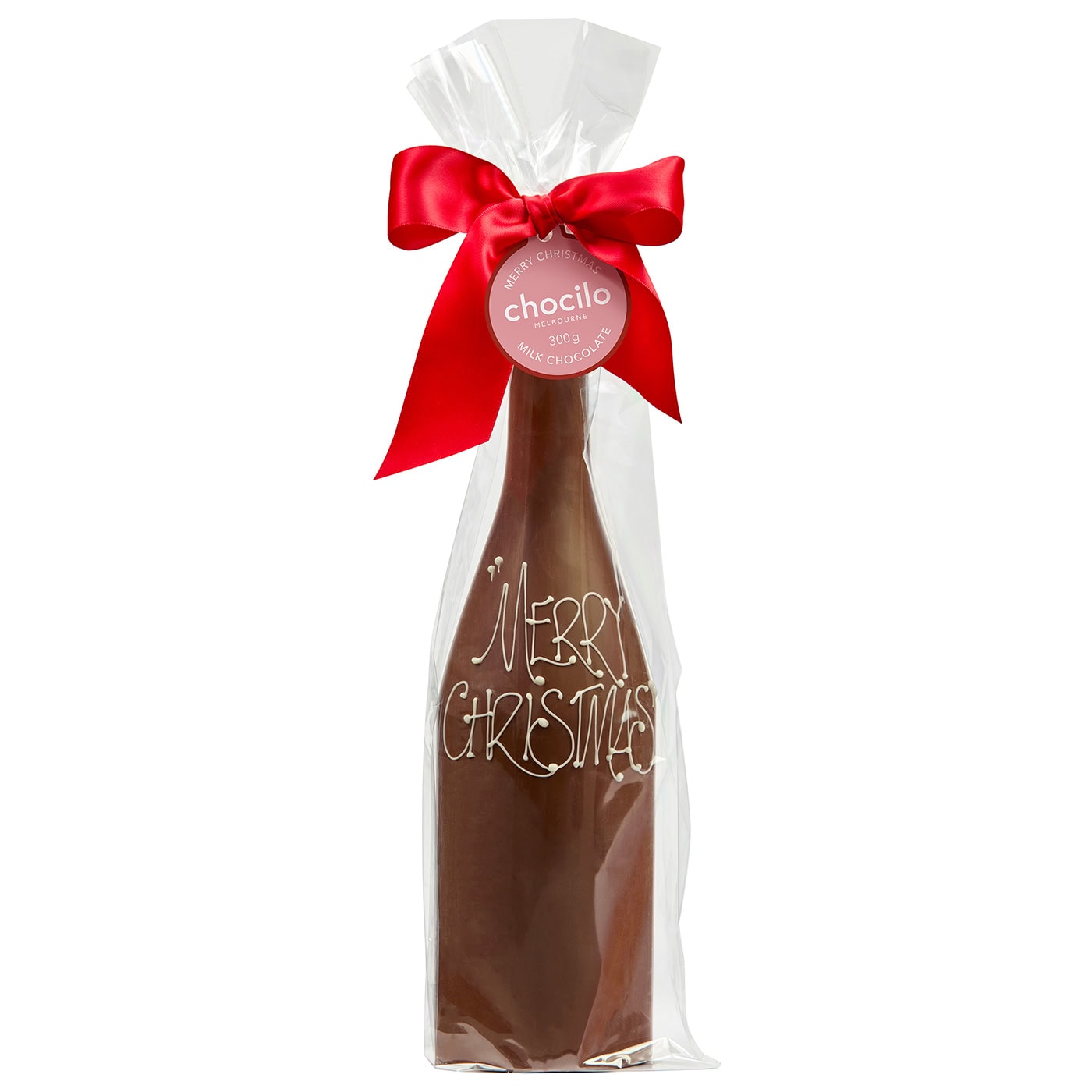 A hollow chocolate champagne bottle, gift wrapped in clear cellophane with a red ribbon and swing tag.