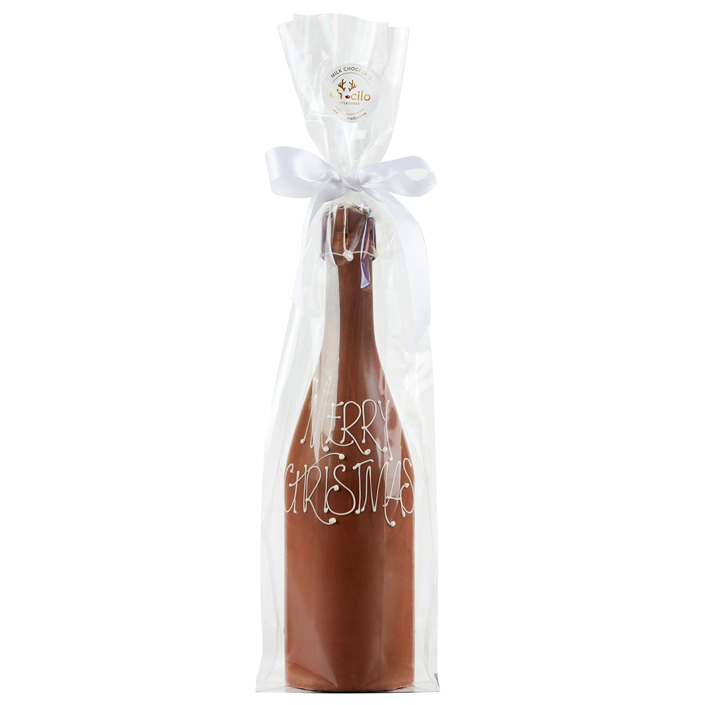Chocilo Melbourne Large Christmas Milk Chocolate Champagne Bottle Gift. Hand made in Melbourne.